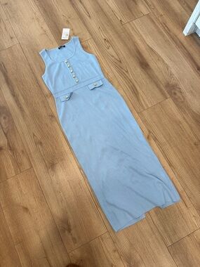 Sleeveless Powder Blue Maxi Dress with Gold Button Detail